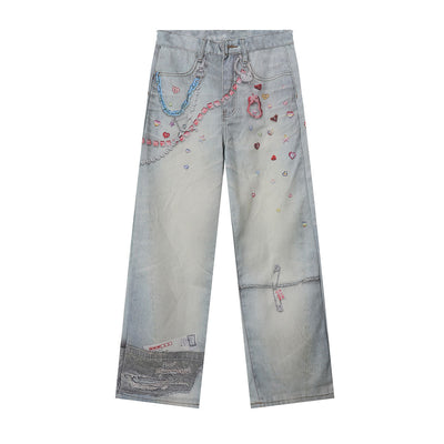 Vintage Digital Print Faux Denim Jeans