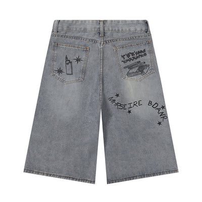 Street Style Graphic Print Relaxed Denim Shorts