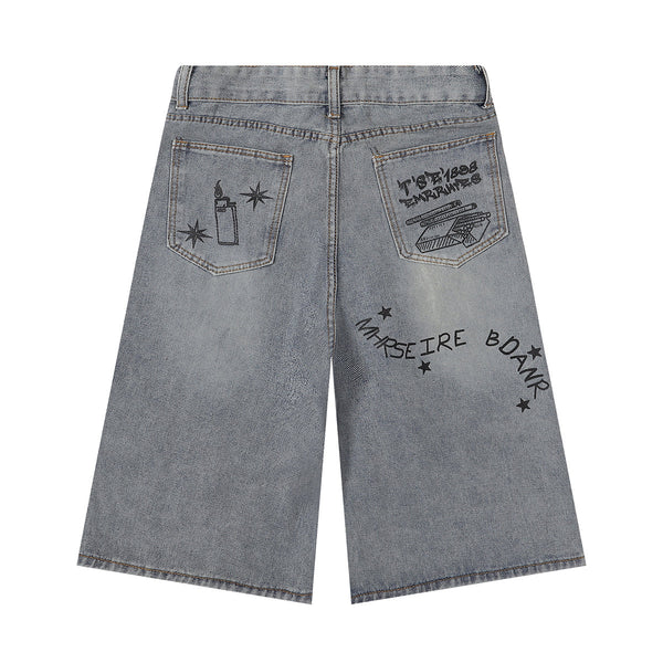 Street Style Graphic Print Relaxed Denim Shorts