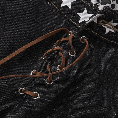 Star Pattern Lace Up High Waist Denim Jeans