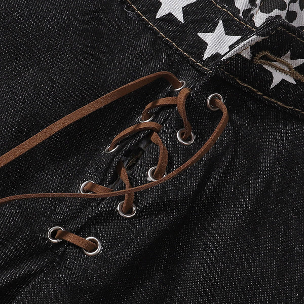 Star Pattern Lace Up High Waist Denim Jeans