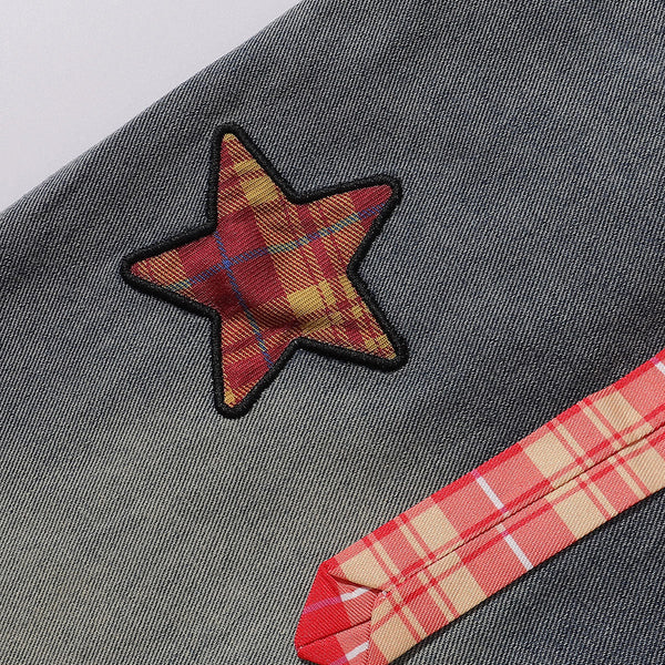 Plaid Trim Star Patched Wide Leg Denim Jeans