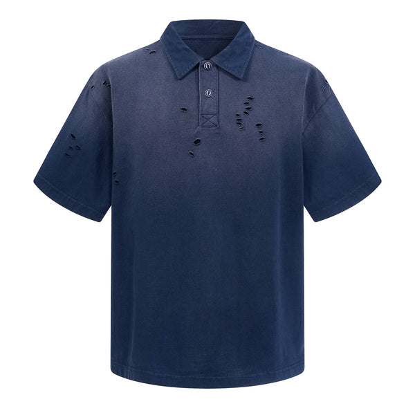 Retro Distressed Cotton Vintage Wash Polo T-Shirt