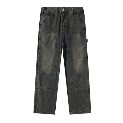 Utility Distressed Straight Leg Denim Jeans