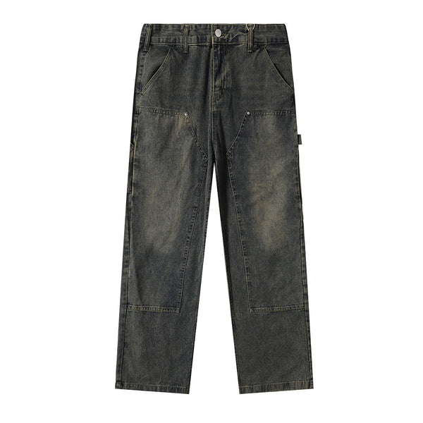 Utility Distressed Straight Leg Denim Jeans