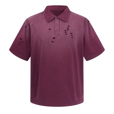Retro Distressed Cotton Vintage Wash Polo T-Shirt