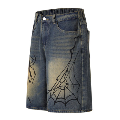 Spider & Web Print Denim Bermuda Shorts