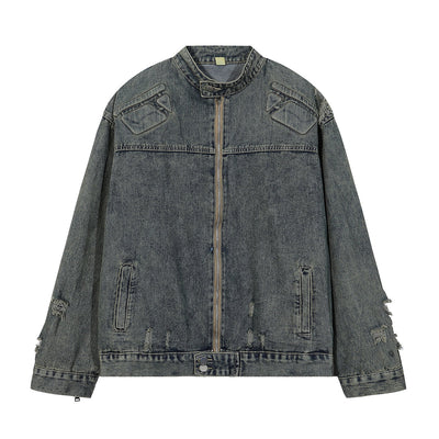 Bold Stitching Distressed Denim Jacket