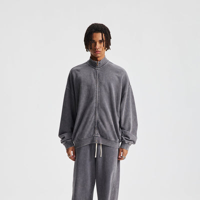 Vintage Zip-Up Ribbed Stand Collar Sweatshirt