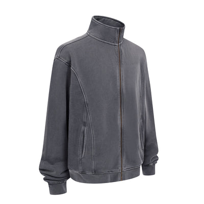 Stand Collar Panel Detail Washed Zip Up Sweatshirt