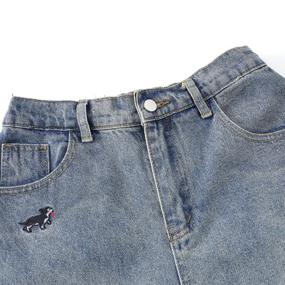 Washed Faded Dog-Embroidered Barrel-Leg Jeans