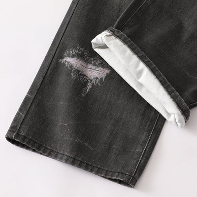 Vintage Washed Black Wide-Leg Printed Jeans