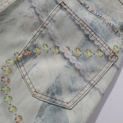 Digital Print Vintage Style Faux Denim Jeans