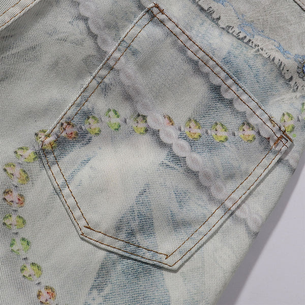 Digital Print Vintage Style Faux Denim Jeans