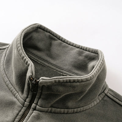 Stand Collar Panel Detail Washed Zip Up Sweatshirt