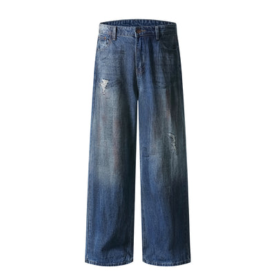 Faded Wash Distressed Baggy Frayed-Hem Jeans