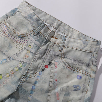 Digital Print Vintage Style Faux Denim Jeans