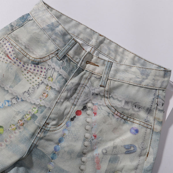 Digital Print Vintage Style Faux Denim Jeans