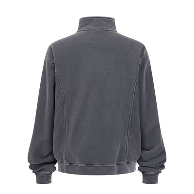 Stand Collar Panel Detail Washed Zip Up Sweatshirt