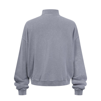Vintage Zip-Up Ribbed Stand Collar Sweatshirt
