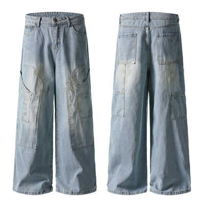 Vintage Washed Utility Cargo Wide-Leg Jeans
