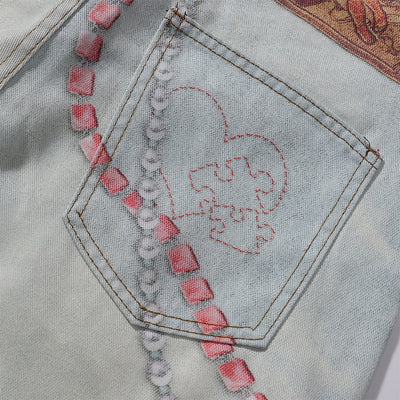 Vintage Digital Print Faux Denim Jeans