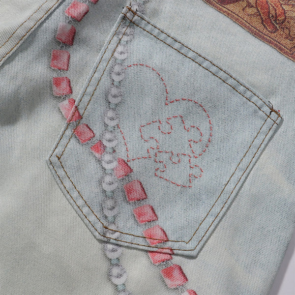 Vintage Digital Print Faux Denim Jeans