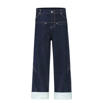 Cuffable Hem Contrast Patch Denim Pants