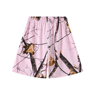 Elastic Waist Casual Pink Camo Branch Print Shorts