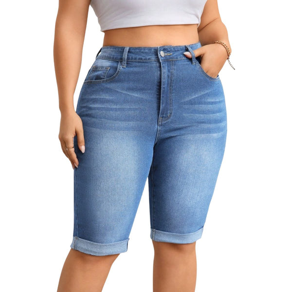 High Waist Stretch Denim Bermuda Shorts