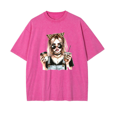 Stylish Lady With Coffee Graphic Tee-INNBLAC