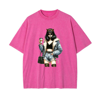 Stylish Lady With Coffee Graphic Tee-INNBLAC