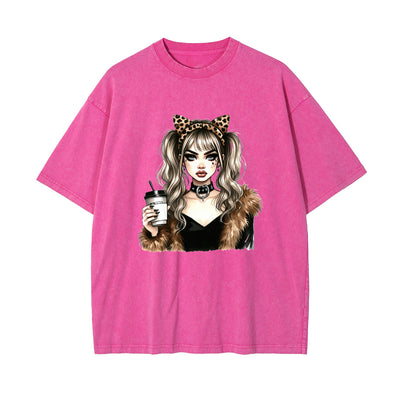 Stylish Lady With Coffee Graphic Tee-INNBLAC
