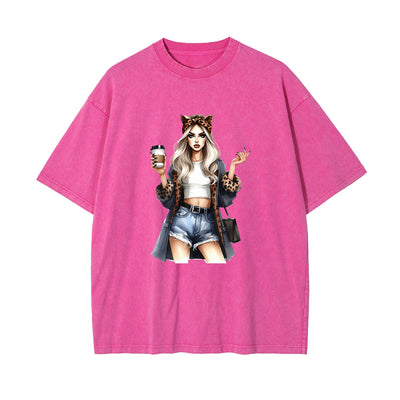Stylish Lady With Coffee Graphic Tee-INNBLAC